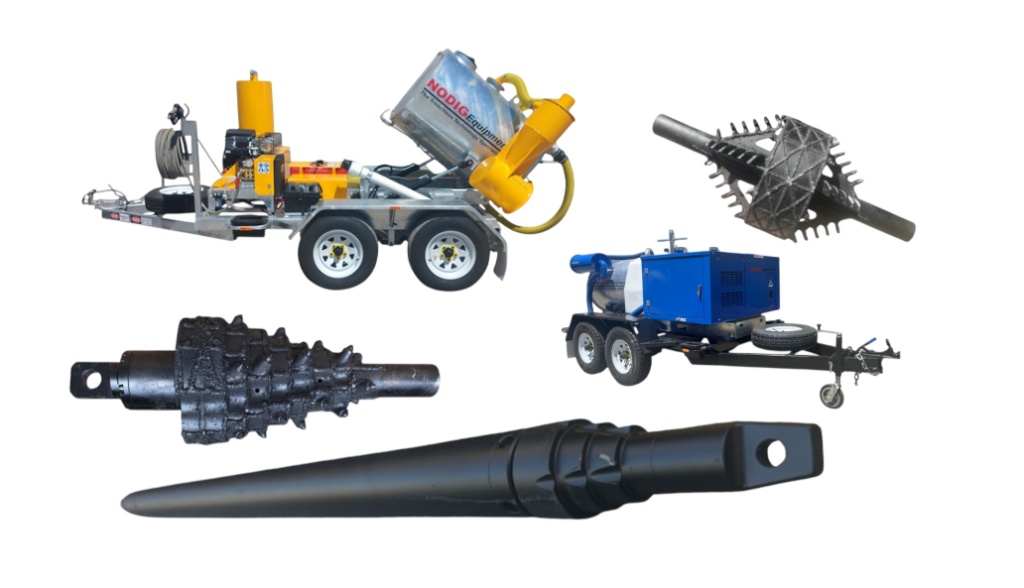 NDE Servicing Collage: VM400, VM850, No Dig Mole, Fly cutter reamer, compaction Reamer